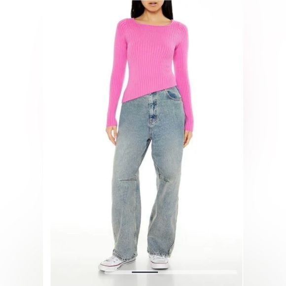 FOREVER21 NWT Bright Pink Square Neck Asymmetrical Ribbed Knit Sweater Shirt M - Picture 5 of 16